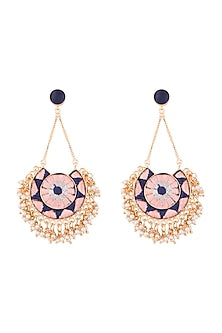 Matte Gold Finish Embroidered Circular Moon Long Chain Earrings