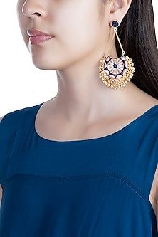 Matte Gold Finish Embroidered Circular Moon Long Chain Earrings