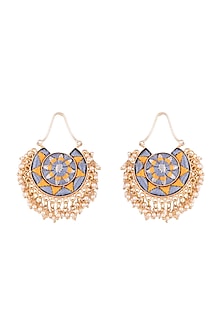 Matte Gold Finish Embroidered Pearl Hanging Moon Earrings