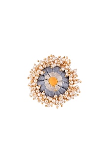 Matte Gold Finish Grey Embroidered Pearl Hanging Ring