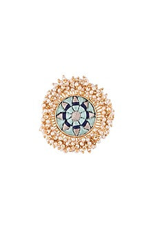 Matte Gold Finish Embroidered Pearl Hanging Circular Ring