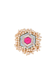 Matte Gold Finish Embroidered Pearl Hanging Hexagonal Ring