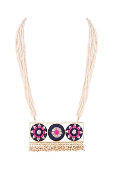 Matte Gold Finish Embroidered Pearl Hanging Pendant Long Necklace