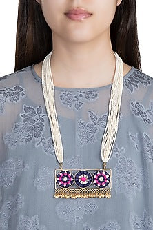 Matte Gold Finish Embroidered Pearl Hanging Pendant Long Necklace