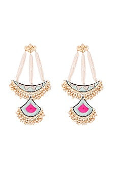 Matte Gold Finish Zari Embroidered Pearl Long Chand Earrings