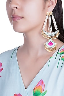 Matte Gold Finish Zari Embroidered Pearl Long Chand Earrings
