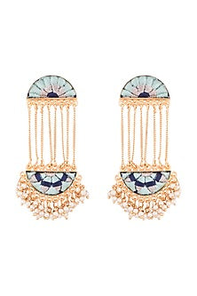 Matte Gold Finish Embroidered Pearl Hanging Long Chain Earrings