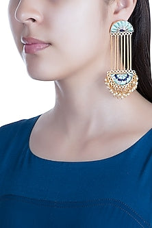 Matte Gold Finish Embroidered Pearl Hanging Long Chain Earrings
