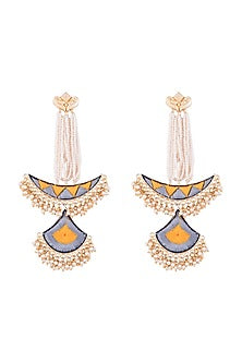 Matte Gold Finish Embroidered Pearl Long Chand Earrings