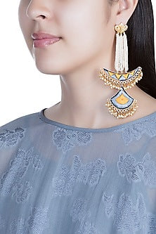 Matte Gold Finish Embroidered Pearl Long Chand Earrings