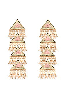 Matte Gold Finish Embroidered Pearl Hanging Layered Earrings