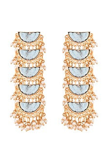 Matte Gold Finish Embroidered Pearl Hanging Geometric Earrings