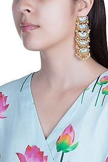Matte Gold Finish Embroidered Pearl Hanging Geometric Earrings