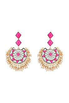 Matte Gold Finish Embroidered Circular Moon & Rhombus Earrings