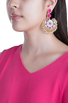 Matte Gold Finish Embroidered Circular Moon & Rhombus Earrings