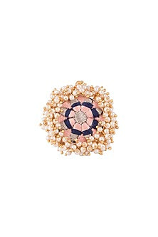 Matte Gold Finish Peach Embroidered Pearl Hanging Ring