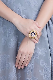 Matte Gold Finish Peach Embroidered Pearl Hanging Ring