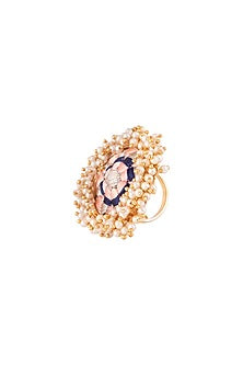 Matte Gold Finish Peach Embroidered Pearl Hanging Ring