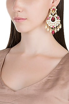Gold Plated Pachi Kundan & Ruby Pink Stones Earrings