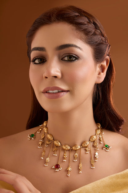 Gold Finish Emerald & Ruby Stone Necklace