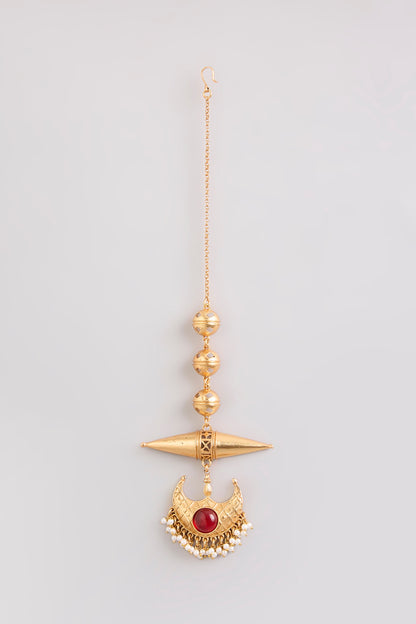 Gold Finish Ruby Stone Maangtikka