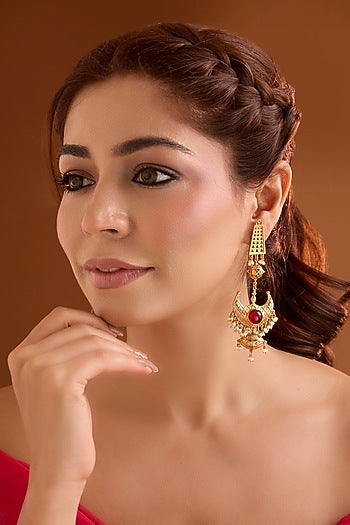 Gold Finish Ruby Stone Dangler Earrings