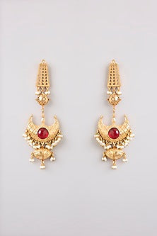 Gold Finish Ruby Stone Dangler Earrings