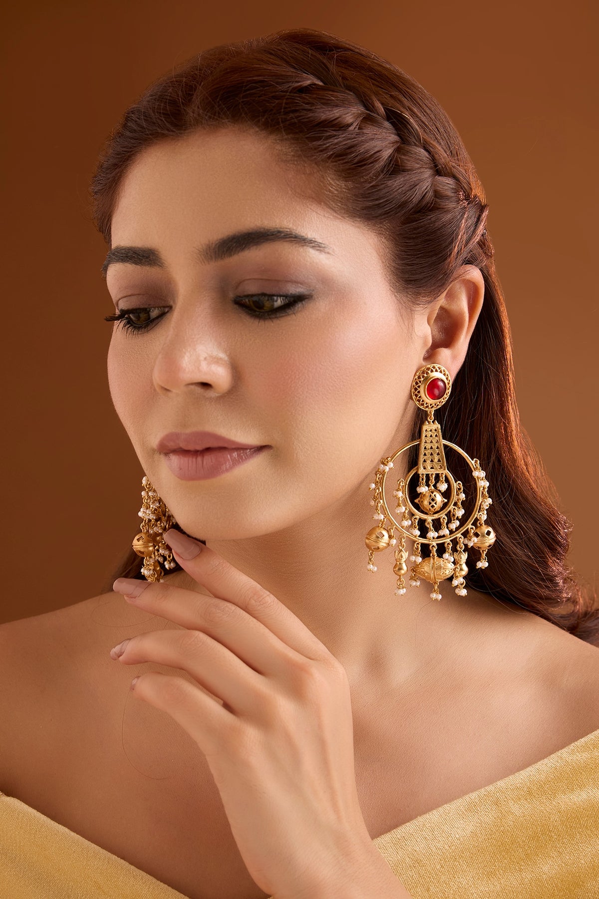 Gold Finish Ruby Stone Dangler Earrings