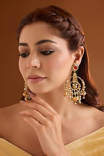 Gold Finish Ruby Stone Dangler Earrings