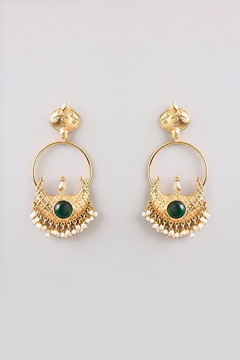 Gold Finish Emerald Stone Dangler Earrings