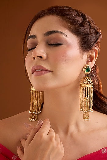 Gold Finish Emerald Stone Dangler Earrings