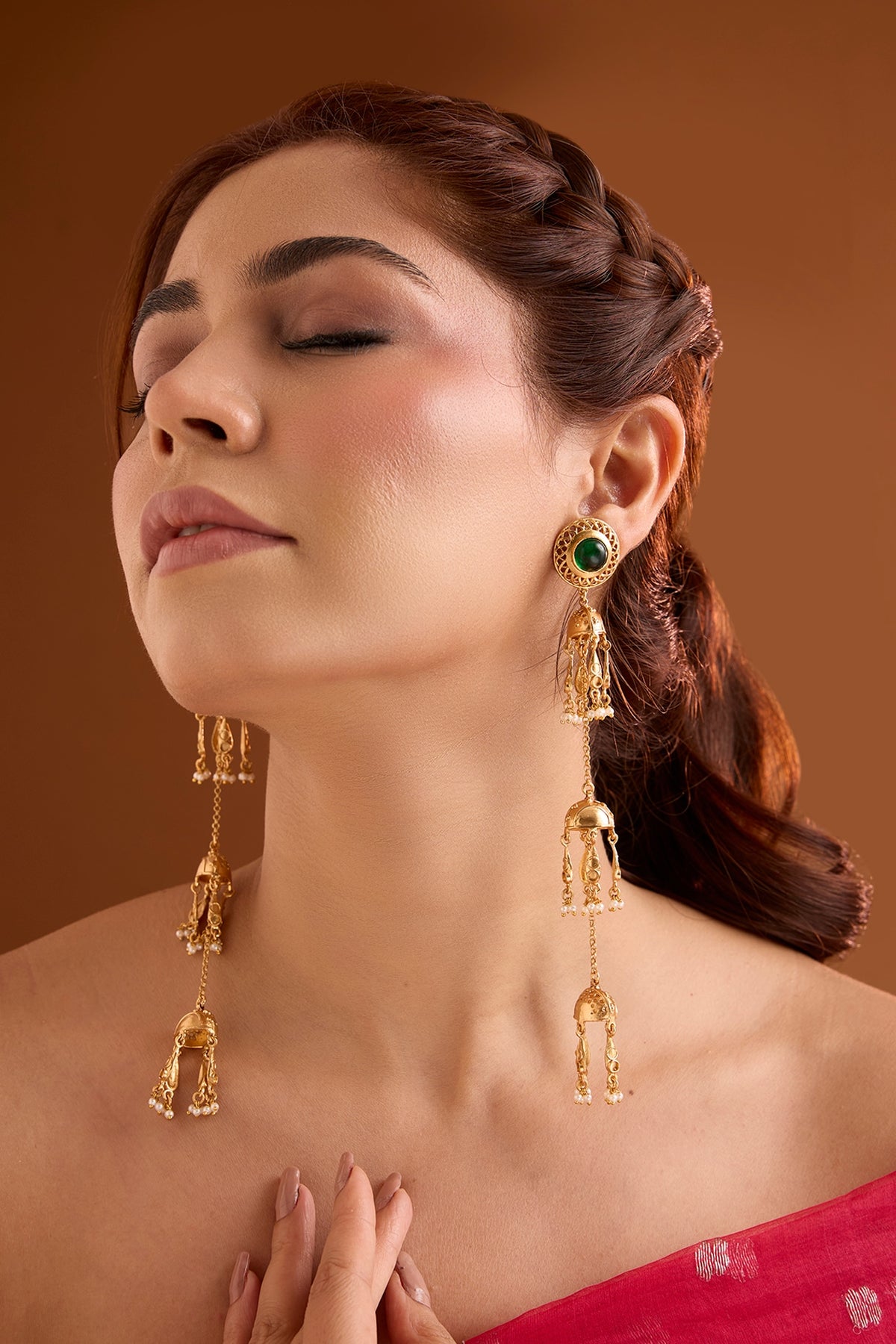 Gold Finish Emerald Stone Dangler Earrings