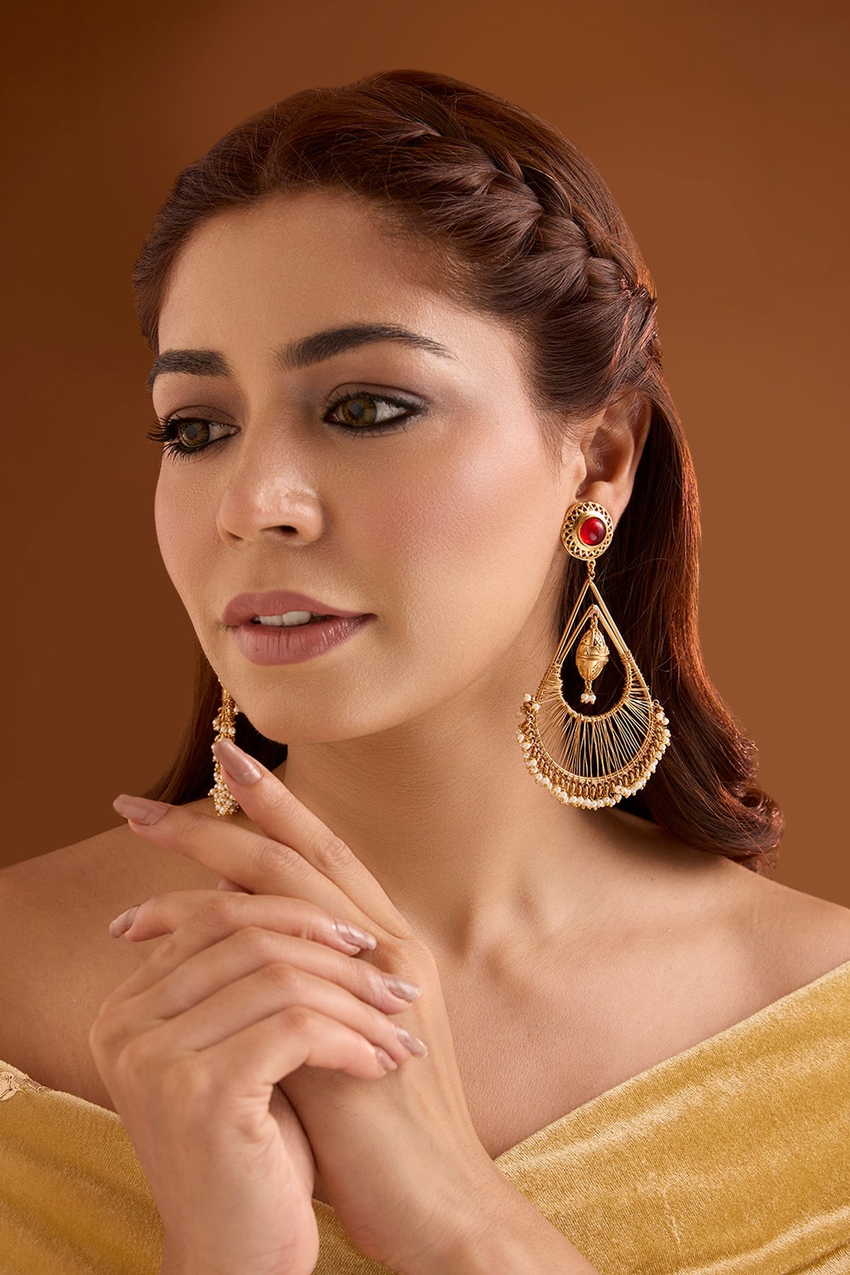 Gold Finish Ruby Stone Dangler Earrings