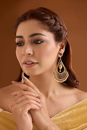 Gold Finish Ruby Stone Dangler Earrings