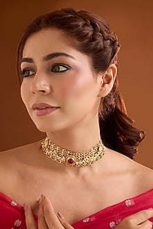 Gold Finish Ruby Stone Choker Necklace