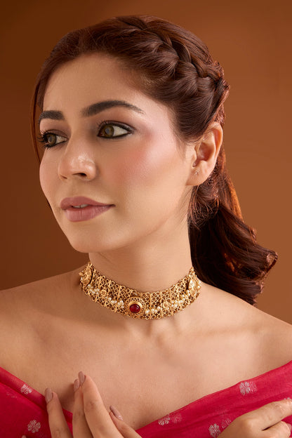 Gold Finish Ruby Stone Choker Necklace