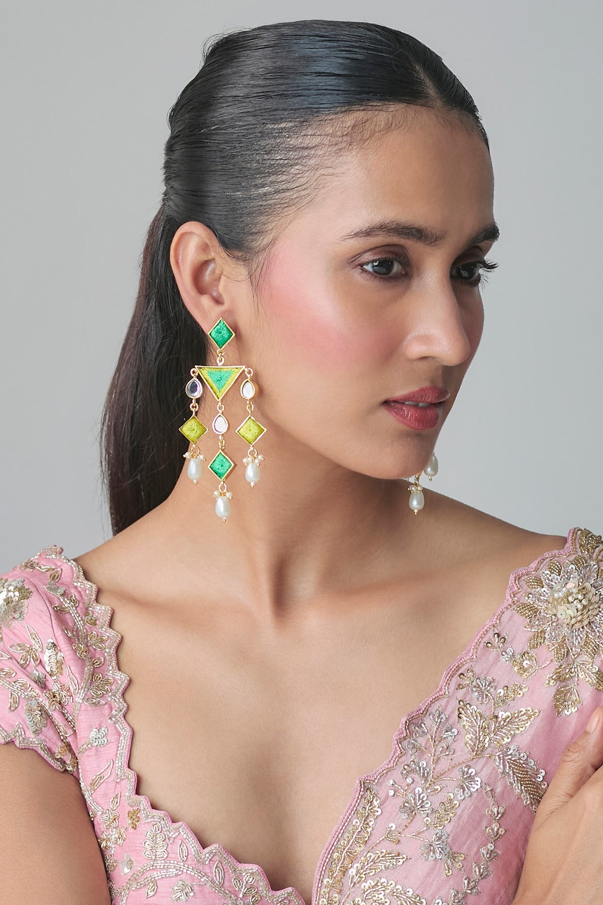 Multi-Colored Mirror & Pearl Dangler Earrings