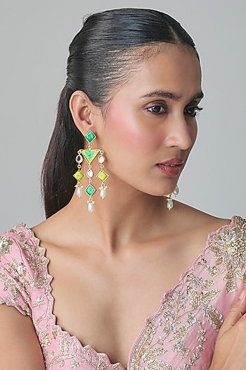 Multi-Colored Mirror & Pearl Dangler Earrings