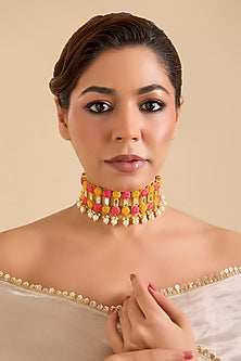 Multi-Colored Pearl & Thread Work Choker Necklace