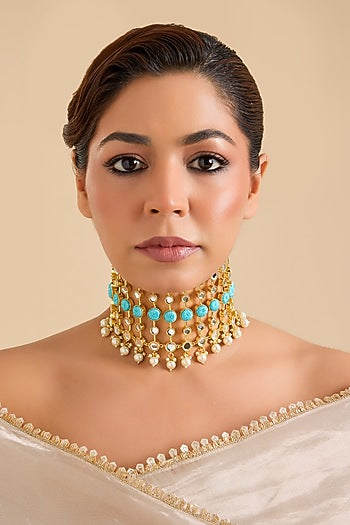 Multi-Colored Pearl & Thread Work Choker Necklace