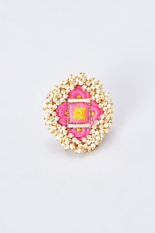 Gold Finish Embroidered Ring With Pearl Beads