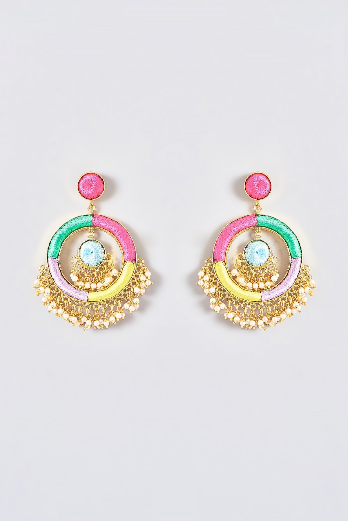 Gold Finish Silk Thread Embroidered Dangler Earrings