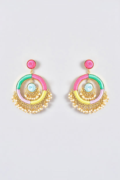 Gold Finish Silk Thread Embroidered Dangler Earrings