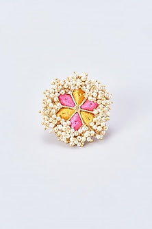 Gold Finish Embroidered Ring With Pearl Beads