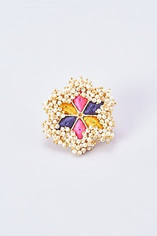 Gold Finish Embroidered Ring With Pearl Beads