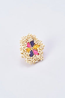 Gold Finish Embroidered Ring With Pearl Beads
