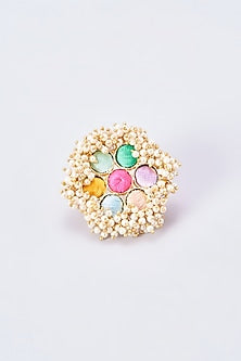 Gold Finish Embroidered Ring With Pearl Beads