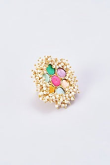Gold Finish Embroidered Ring With Pearl Beads