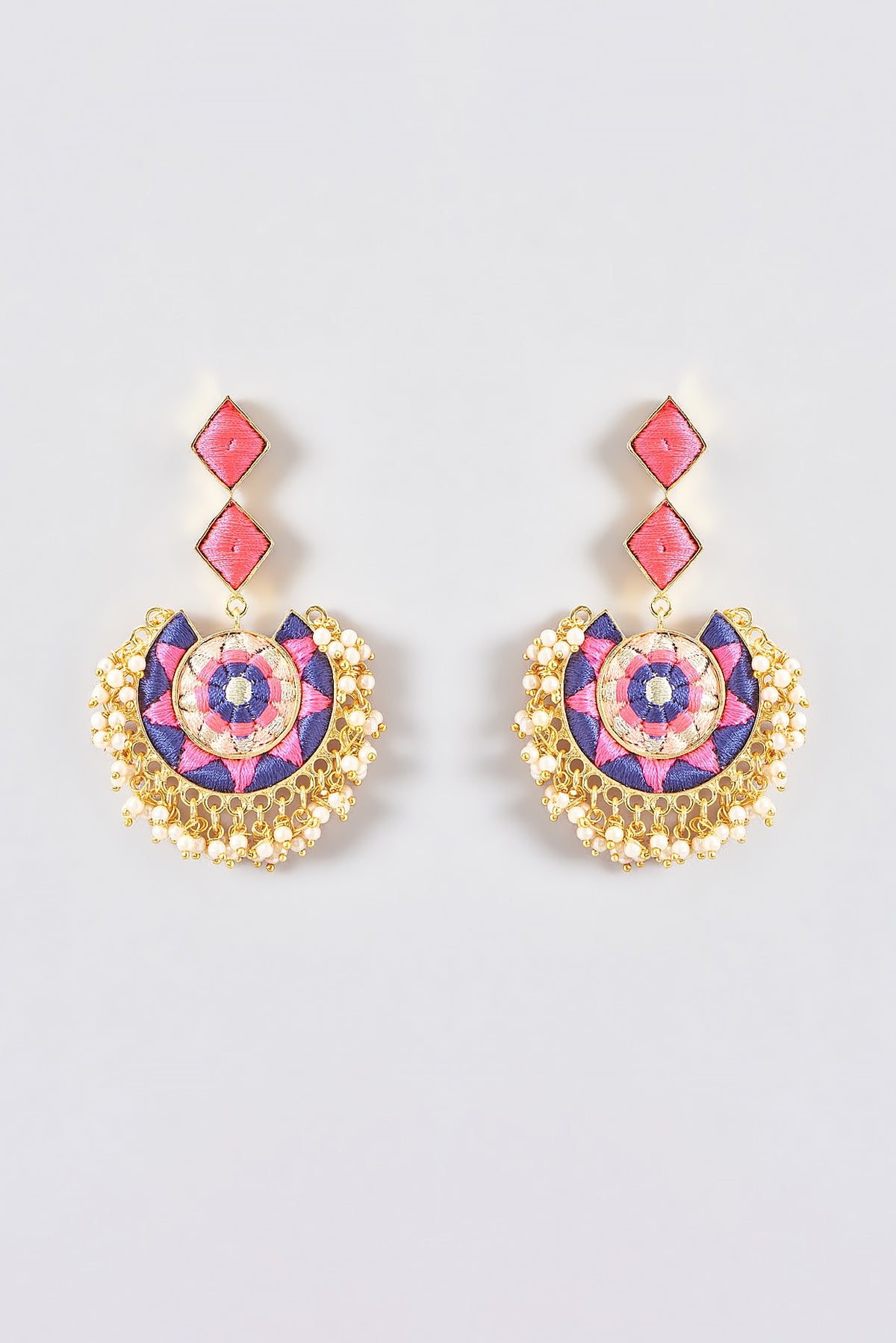 Gold Finish Silk Thread Embroidered Chandbali Earrings