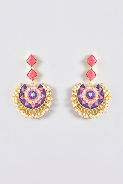 Gold Finish Silk Thread Embroidered Chandbali Earrings
